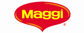 Distinctive Maggi brand logo displayed against a vibrant pink backdrop.