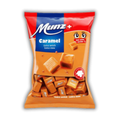 A Munz Extra Soft Caramel Bag 200 g on a black background.