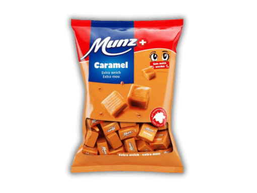 A Munz Extra Soft Caramel Bag 200 g on a black background.