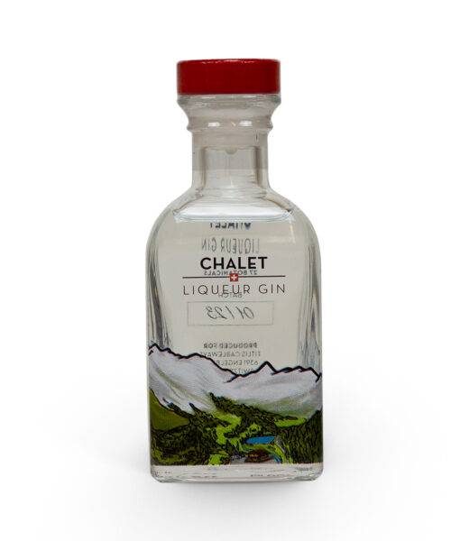 A bottle of chalet gin on a white background.