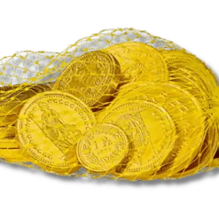 Frey Chocolate Coins in a mesh bag on a black background.