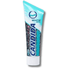 A tube of Optic White Toothpaste 75ml | Candida on a black background.