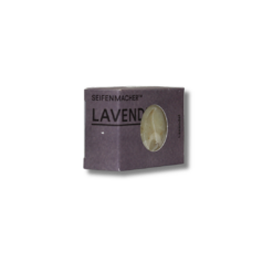 Lavender infused Seifenmacher soap bar showcased in eye-catching dark packaging with product preview cutout.