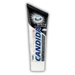 A tube of Black Pearl Toothpaste 75 ml | Candida on a black background.