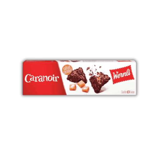 검정색 배경에 Wernli Caranoir 초콜릿 바 상자.
