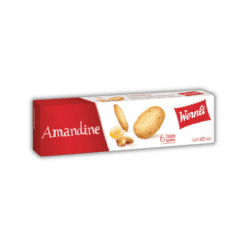 A box of Wernli Amandine 80 g biscuits on a black background.