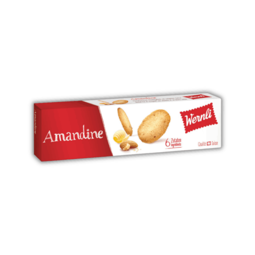 Una scatola di biscotti Wernli Amandine da 80 g su sfondo nero.