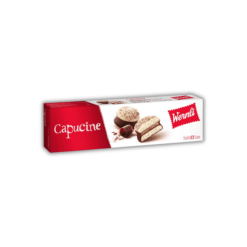 A box of Wernli Capucine 100 g biscuits on a black background.