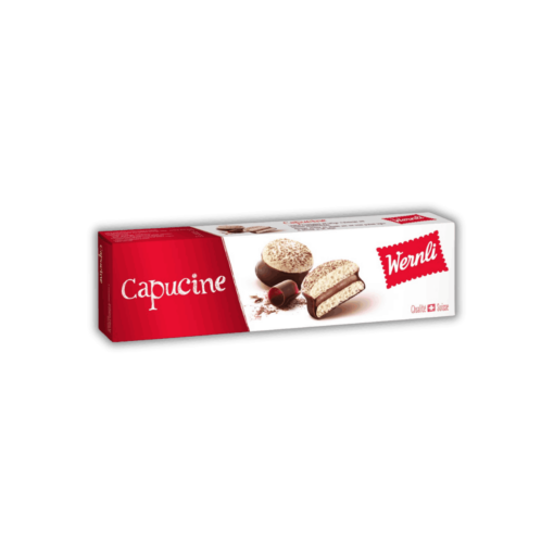Een doos Wernli Capucine 100 g koekjes op een zwarte achtergrond.