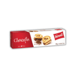 A box of Wernli Chocofin 100 g chocolate rolls on a black background.
