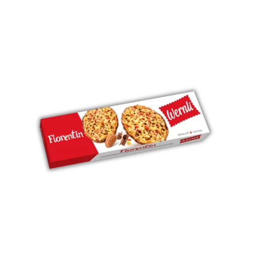 Una scatola di biscotti fiorentini Wernli da 100 g su sfondo nero.