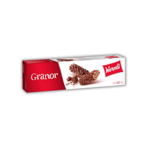 Sekotak coklat Wernli Granor 100 g dengan latar belakang hitam.