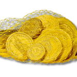 Frey Chocolate Coins in a mesh bag on a black background.
