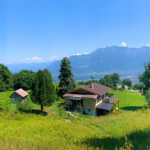 Exclusive Swiss Alps Mountain Getaway, safely secluded amidst vibrant green pastures.